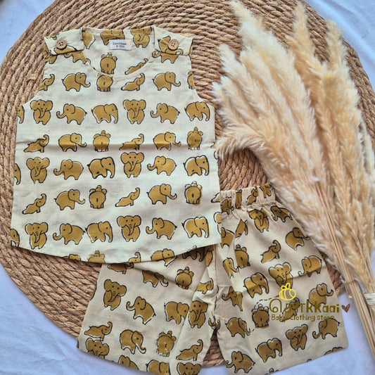 Mustard elephant hand block cotton Coord Set (0-3years) - Unisex - Sokkaai