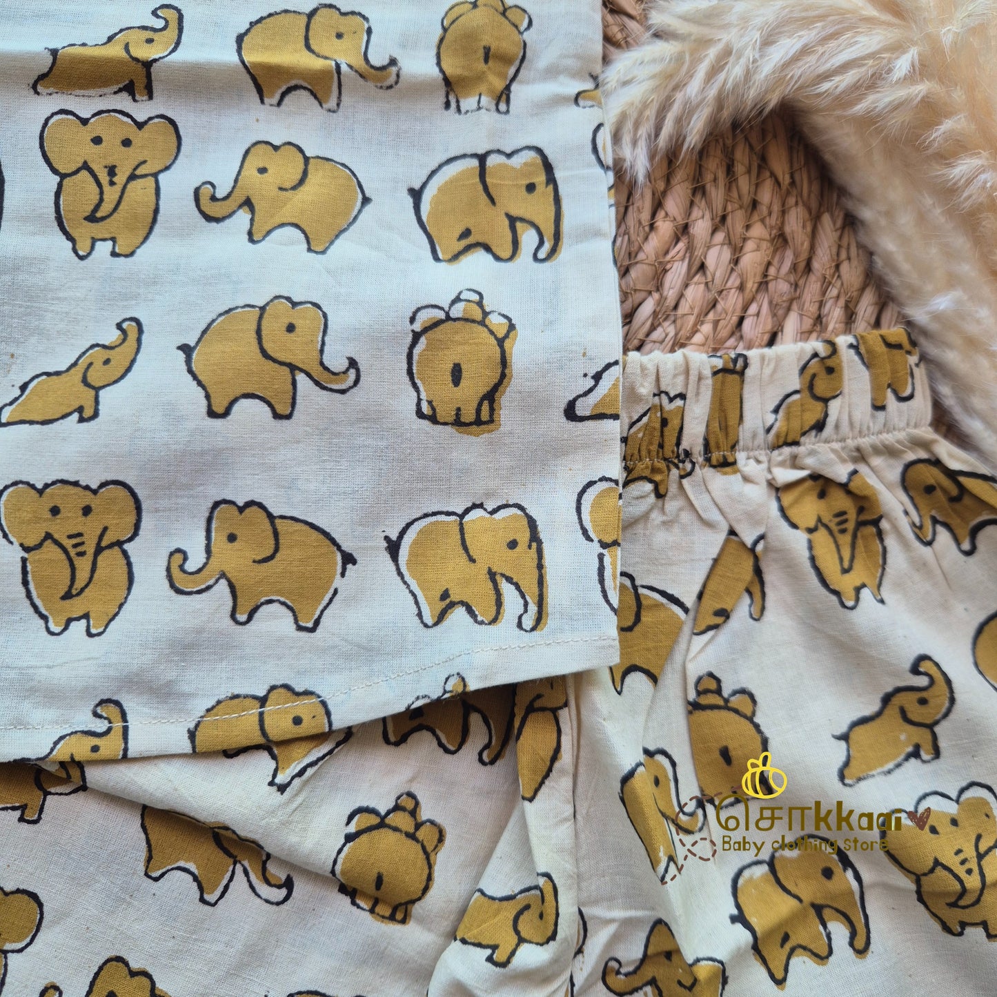Mustard elephant hand block cotton Coord Set (0-3years) - Unisex - Sokkaai