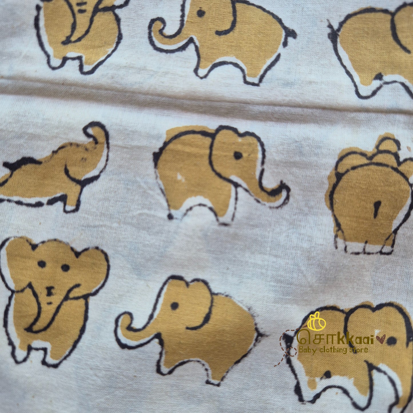 Mustard elephant hand block cotton Coord Set (0-3years) - Unisex - Sokkaai