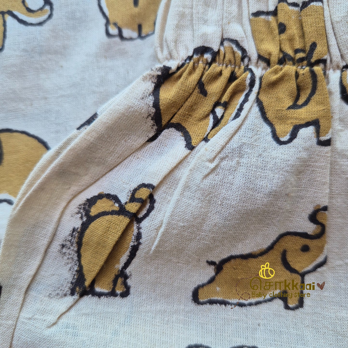 Mustard elephant hand block cotton Coord Set (0-3years) - Unisex - Sokkaai