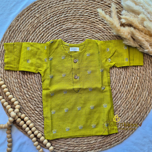 Lime Yellow Raw Silk Elbow Sleeve Kurta - (0-5years) Sokkaai