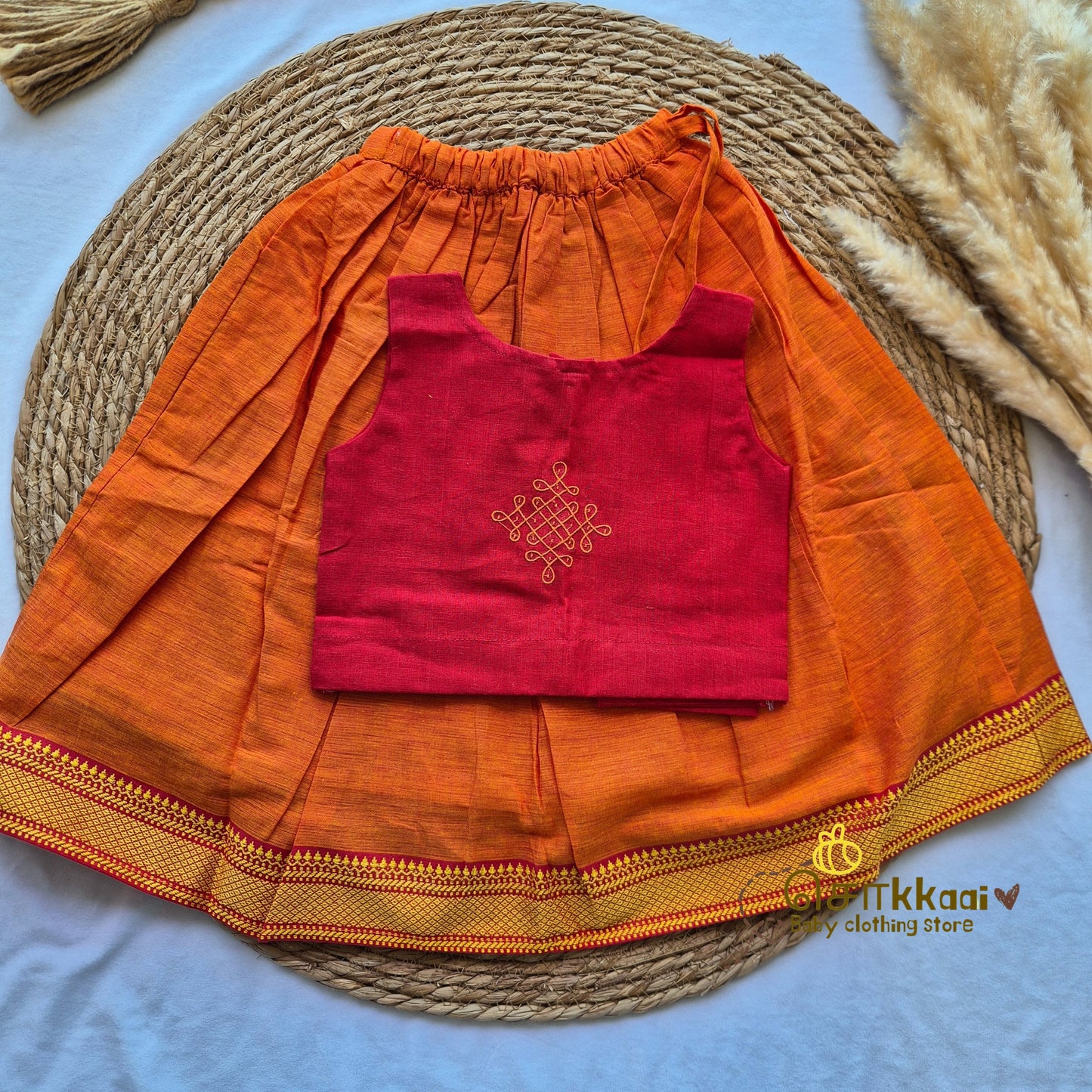 Mangalgiri Cotton Skirt and top Girls  - Red & orange (6m-5years) - Sokkaai