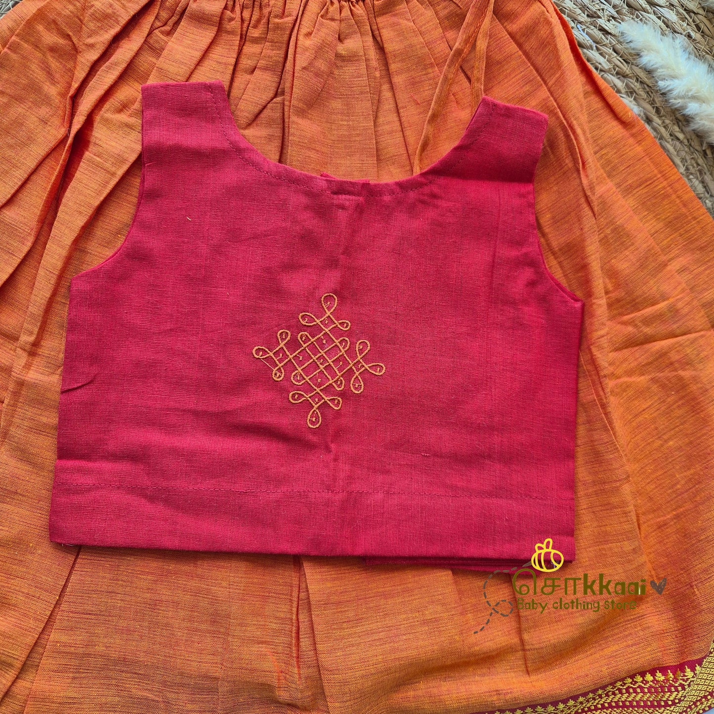 Mangalgiri Cotton Skirt and top Girls  - Red & orange (6m-5years) - Sokkaai