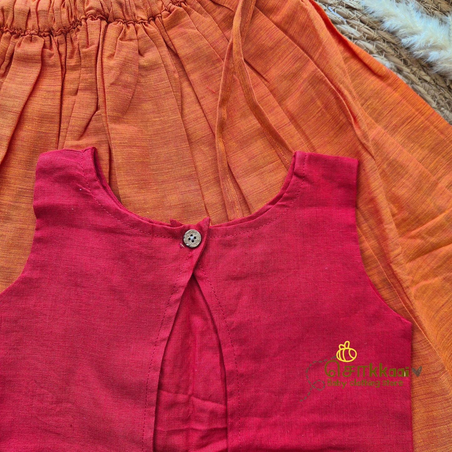 Mangalgiri Cotton Skirt and top Girls  - Red & orange (6m-5years) - Sokkaai
