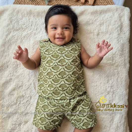 Green Tree Motif Cotton Coord Set (0-3years) - Unisex - Sokkaai