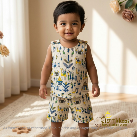 Warli Tales Cotton Coord Set (0-3years) - Unisex - Sokkaai
