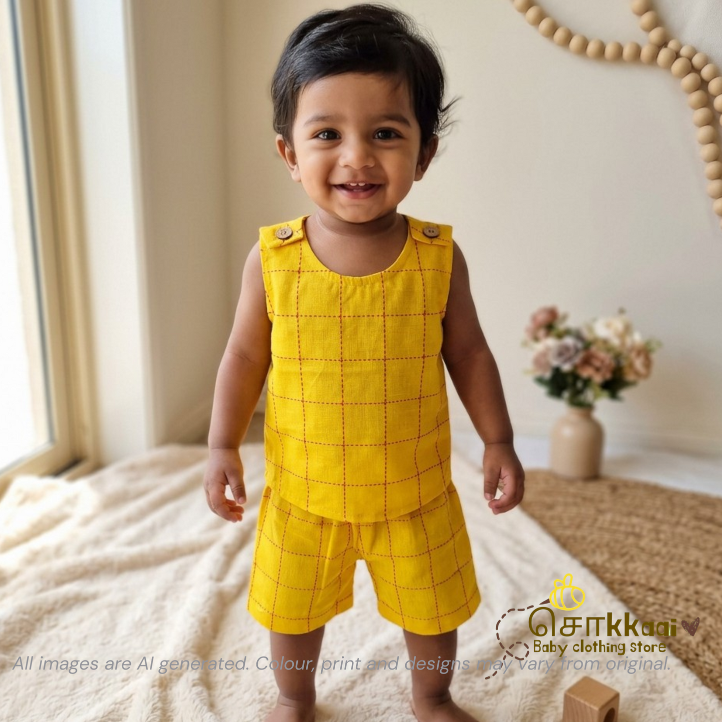 Yellow Grid Cotton Coord Set (0-3years) - Unisex - Sokkaai