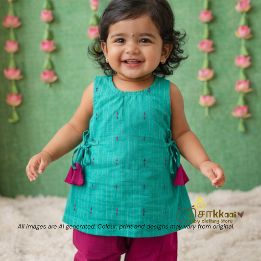 Turquoise & Magenta Cotton Kurti-Pattiyala Set Girl(6m-6years) - Sokkaai
