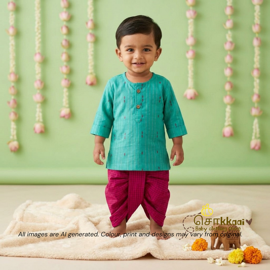 Turquoise & Magenta Cotton Kids Dhoti Set (0-5yrs) - Sokkaai