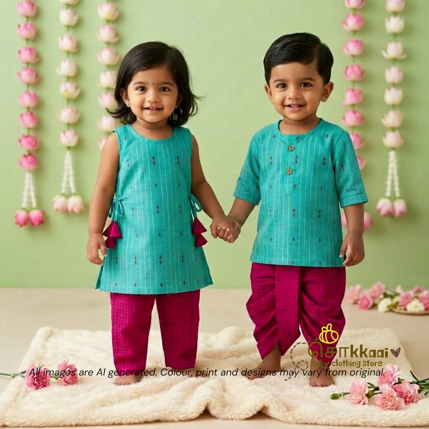 Turquoise & Magenta Cotton Kids Dhoti Set (0-5yrs) - Sokkaai