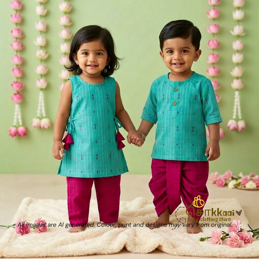 Turquoise & Magenta Cotton Kids Dhoti Set (0-5yrs) - Sokkaai