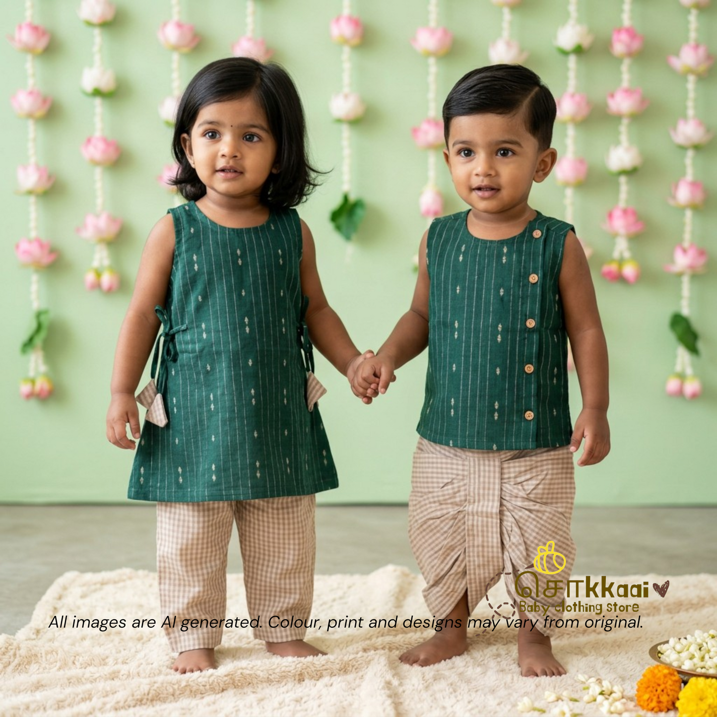 Bottle Green & Beige Cotton Kurti-Pattiyala Set Girl(6m-6years) - Sokkaai