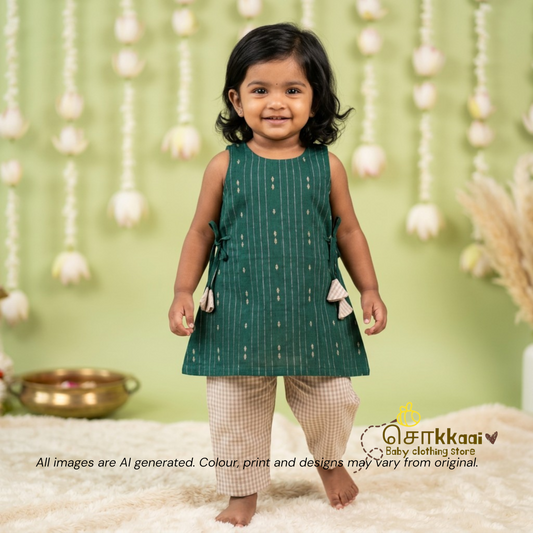 Bottle Green & Beige Cotton Kurti-Pattiyala Set Girl(6m-6years) - Sokkaai