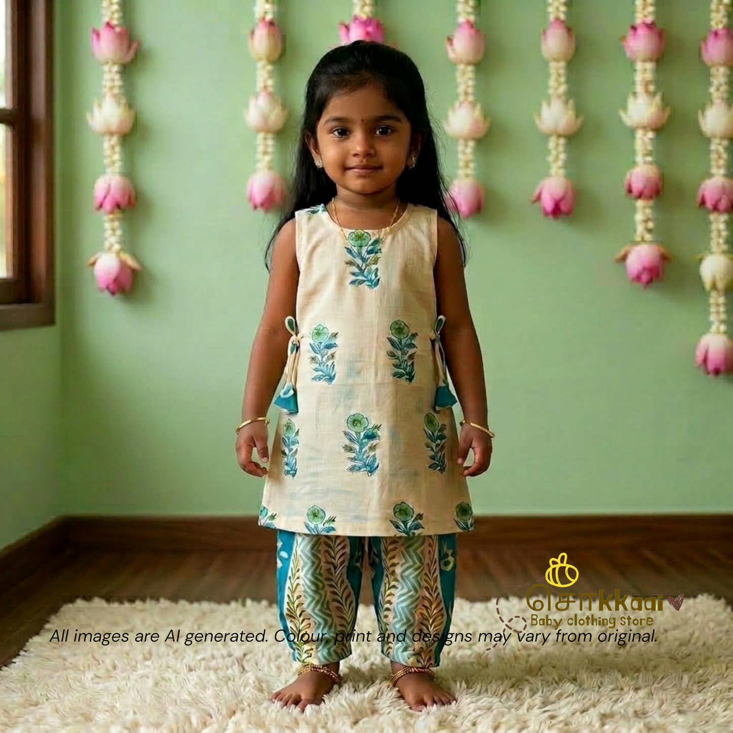 Teal Floral Bel Cotton Kurti-Pattiyala Set Girl(6m-6years) - Sokkaai