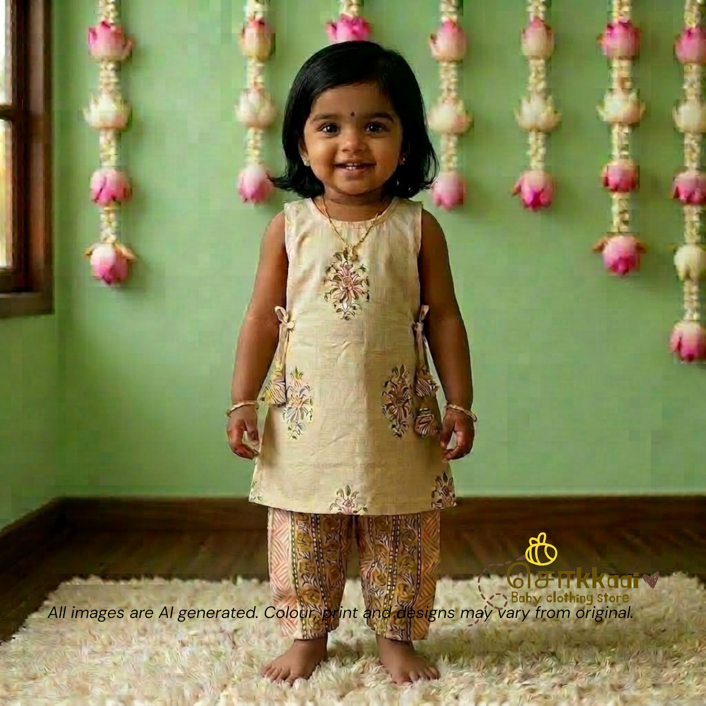 Pink Gulabi Floral Bel Cotton Kurti-Pattiyala Set Girl(6m-6years) - Sokkaai