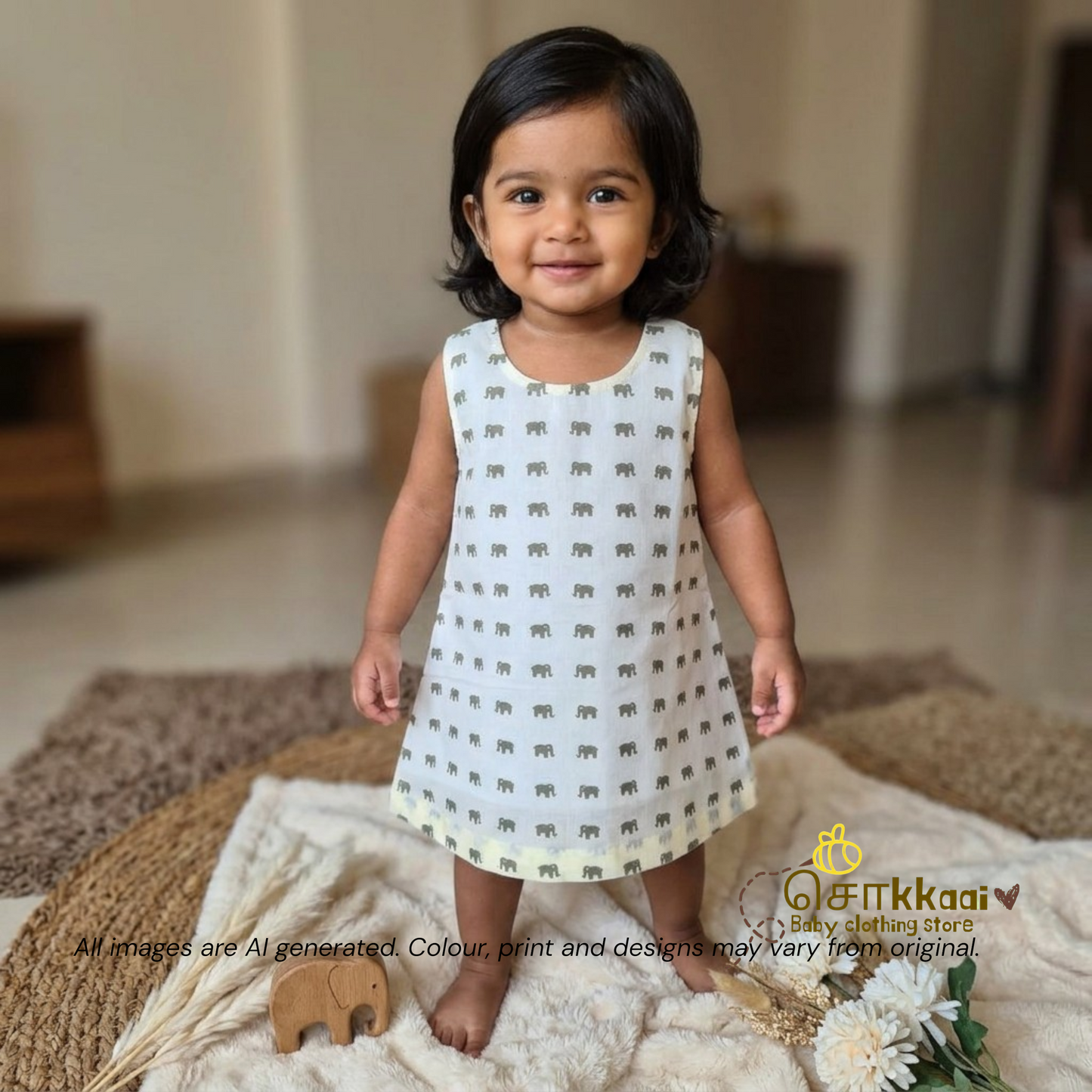Mini Green Elephant A-line frock - (0-6years) Sokkaai