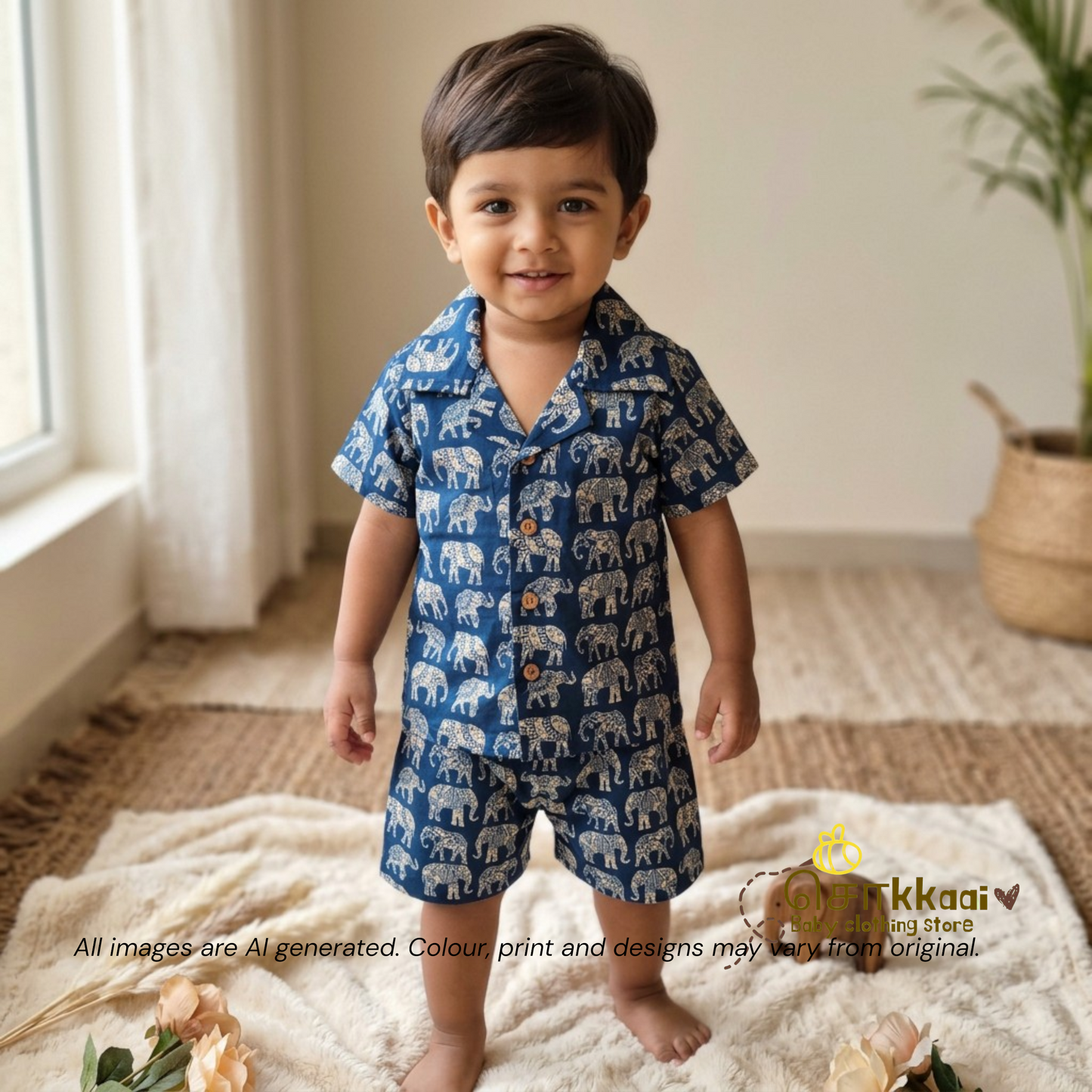 Navy Blue Elephant Parade Cotton Coord Set (0-10years) - Sokkaai