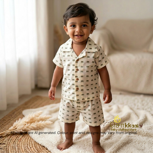 Mini Green Elephant Cotton Coord Set (0-10years) - Sokkaai
