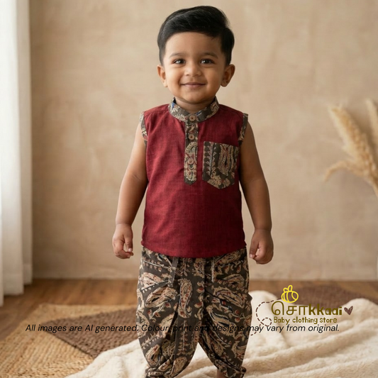 Maroon with Rapid Kalamkari Cotton Dhoti Set (0-3yrs) - Sokkaai
