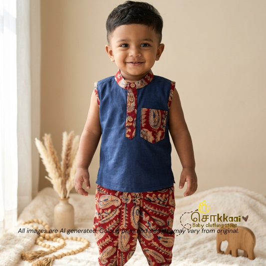 Deep Navy Blue with Rapid Kalamkari Cotton Dhoti Set (0-3yrs) - Sokkaai
