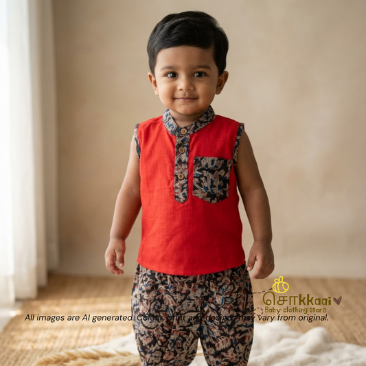 Bright Red with Rapid Kalamkari Cotton Dhoti Set (0-3yrs) - Sokkaai