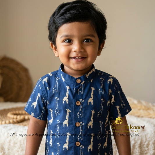 Navy Blue giraffe cambric cotton Kids Shirt (0 to 6yrs) - Sokkaai