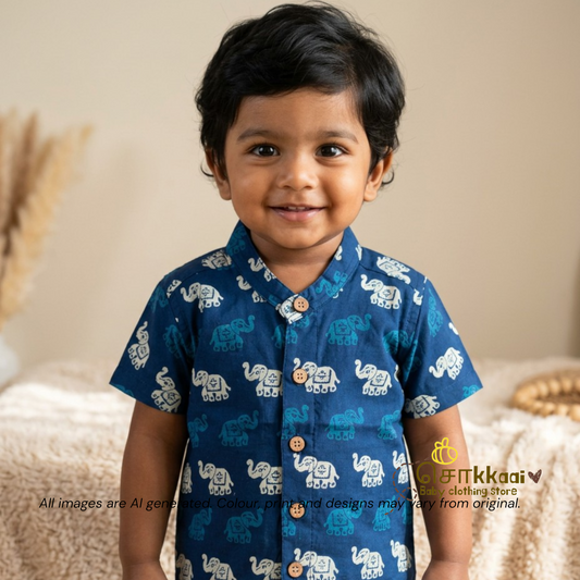 Indigo Blue Dual Elephant cambric cotton Kids Shirt (0 to 6yrs) - Sokkaai