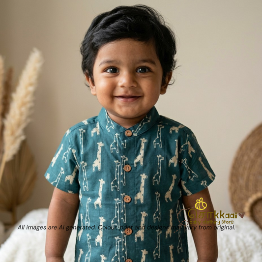 Peacock Blue Giraffe cambric cotton Kids Shirt (0 to 6yrs) - Sokkaai