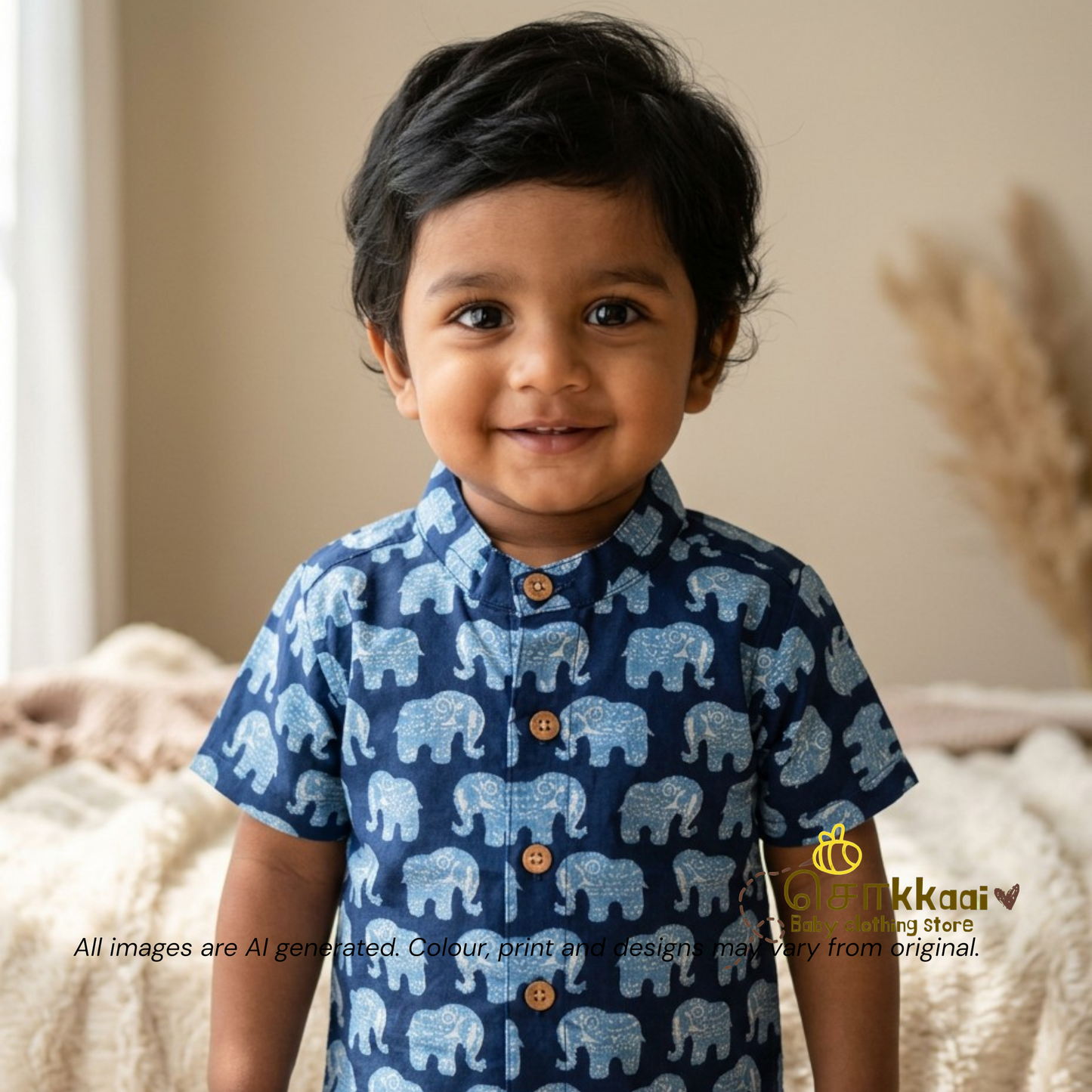 Indigo Blue Elephant cambric cotton Kids Shirt (0 to 6yrs) - Sokkaai