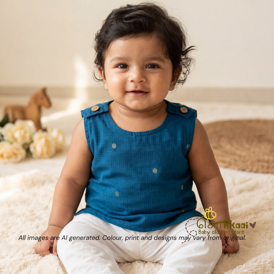 Peacock Blue Handloom Cotton Shoulder Button top(0-3years) - Sokkaai