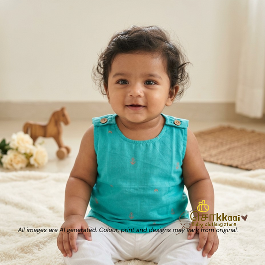 Sea Green Cotton Shoulder Button top(0-3years) - Sokkaai