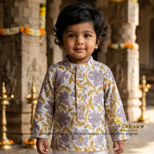 Gray Wild Bloom Natural Dyed Cotton Short Kurta (6m-6years) - Sokkaai