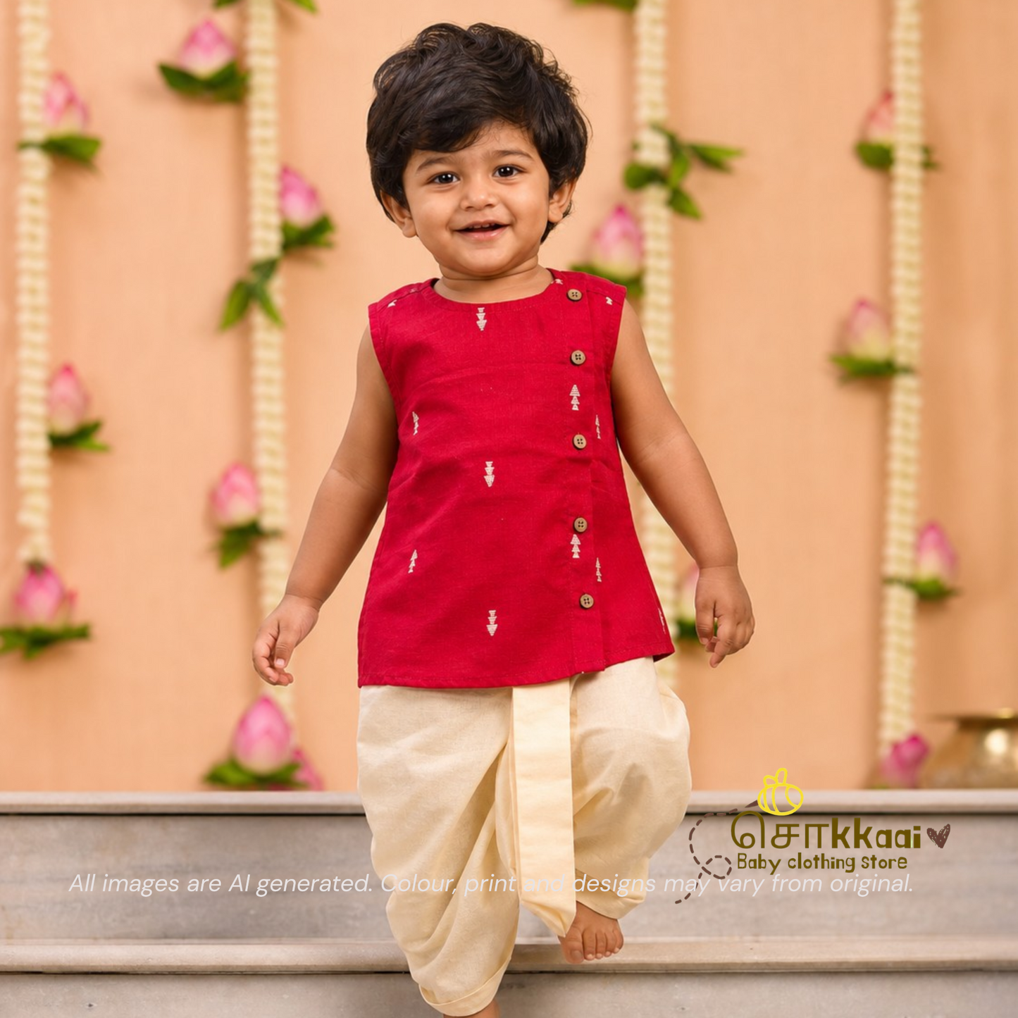 Red & Cream Cotton Kids Dhoti Set (0-3yrs) - Sokkaai