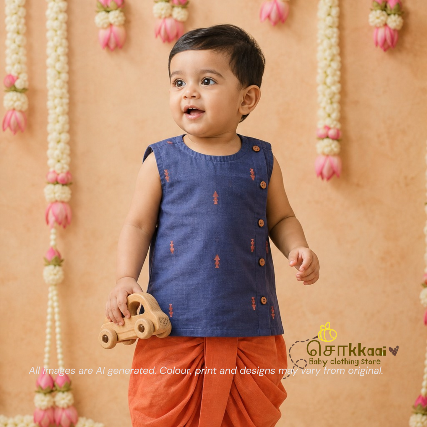 Dusty Blue & Orange Cotton Kids Dhoti Set (0-3yrs) - Sokkaai