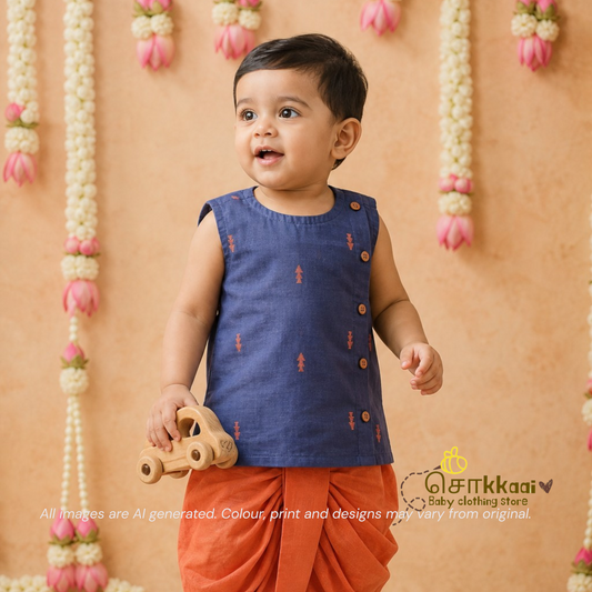 Dusty Blue & Orange Cotton Kids Dhoti Set (0-3yrs) - Sokkaai
