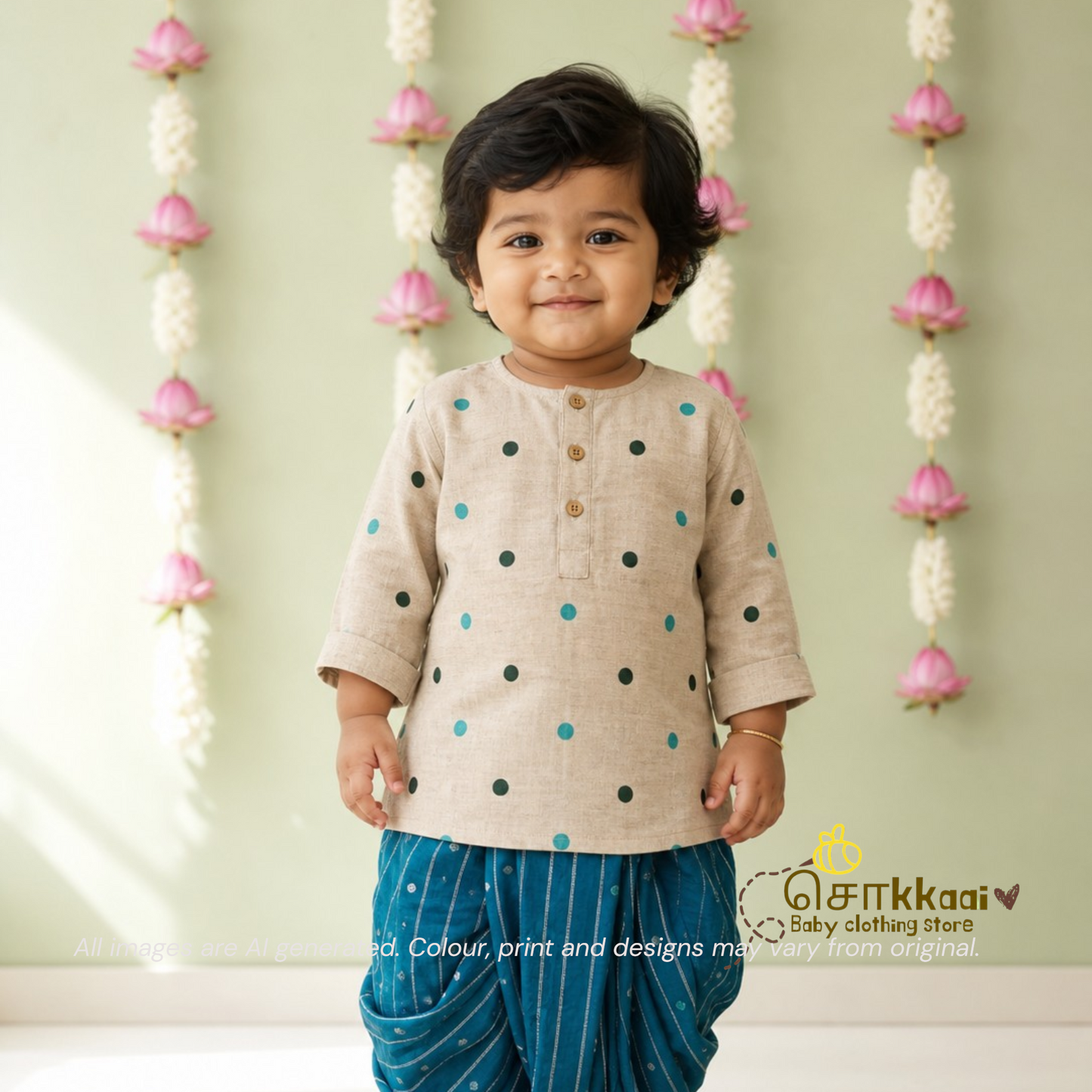 Biege & Blue Bliss Elbow Sleeve Cotton Kids Dhoti Set (0-3yrs) - Sokkaai