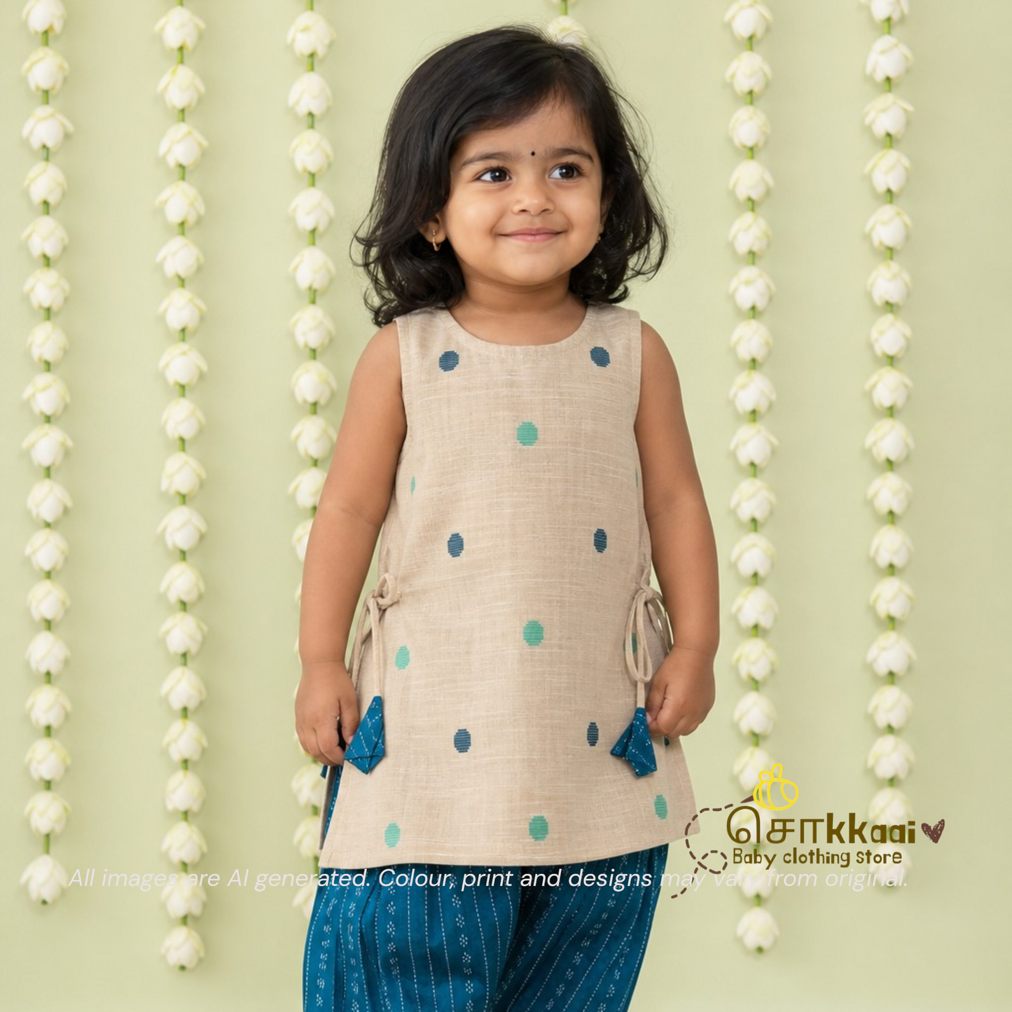 Beige & Blue Bliss Cotton Kurti-Pattiyala Set Girl(6m-5years) - Sokkaai