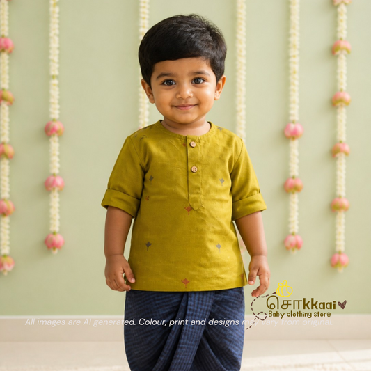 Mustard & Blue Lotus  Elbow Sleeve Cotton Kids Dhoti Set (0-3yrs) - Sokkaai