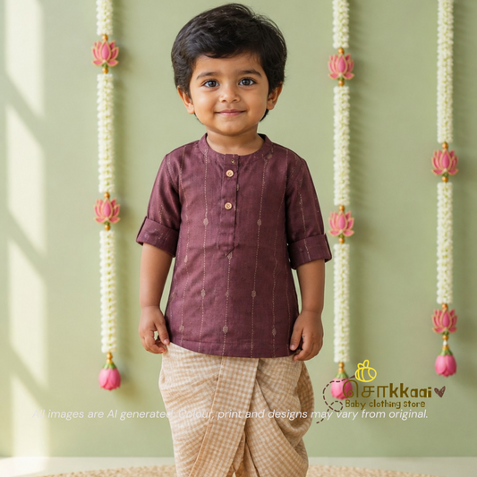Brown & Biege Elbow Sleeve Cotton Kids Dhoti Set (0-3yrs) - Sokkaai