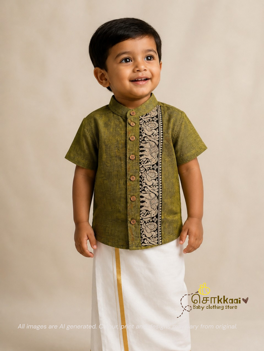 Olive Green Mangalgiri Cotton Kids Shirt (6m-5yrs) - Sokkaai