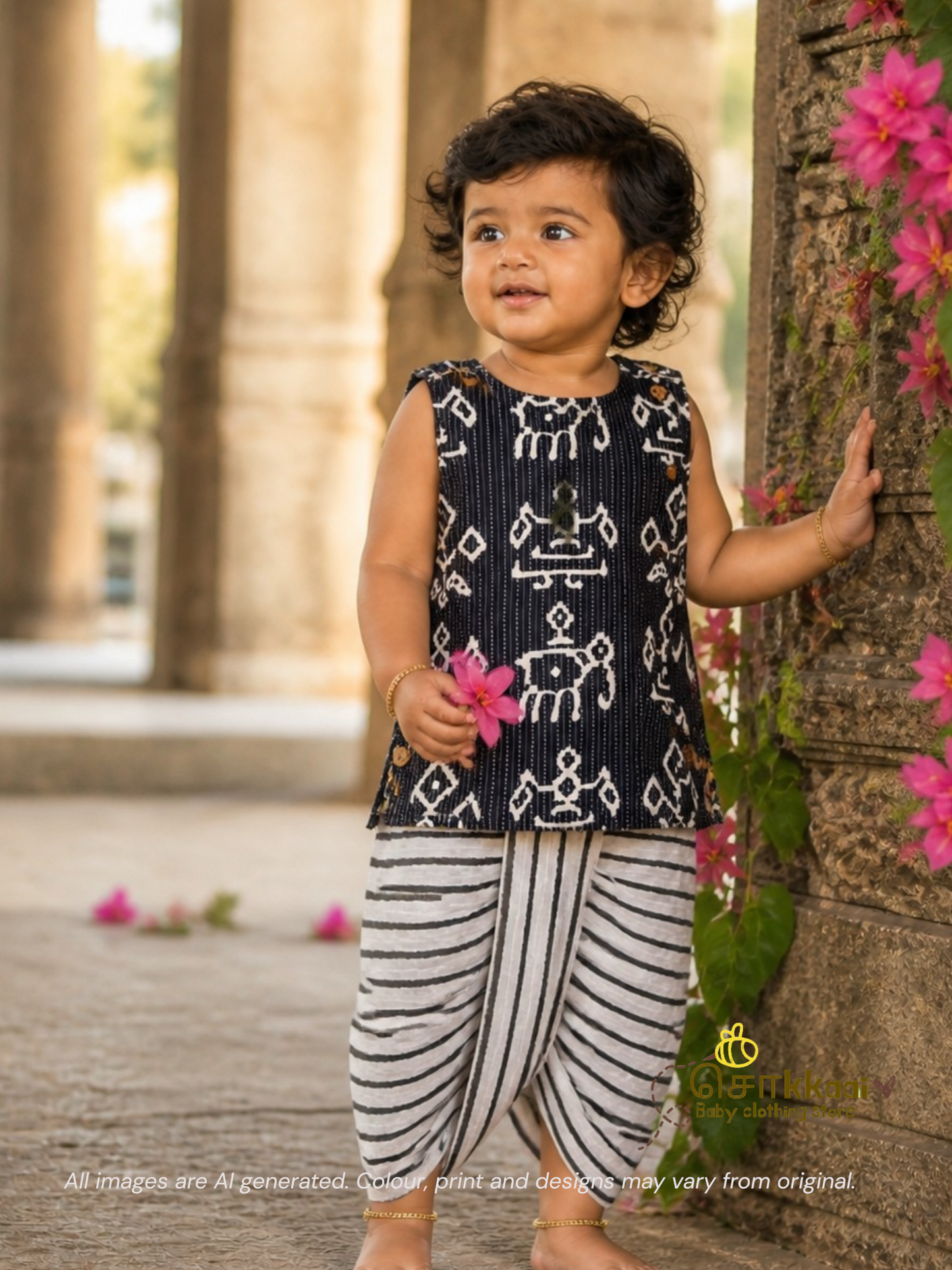 Black Tribal Kantha Cotton Kids Dhoti Set (NB-3yrs) - Sokkaai