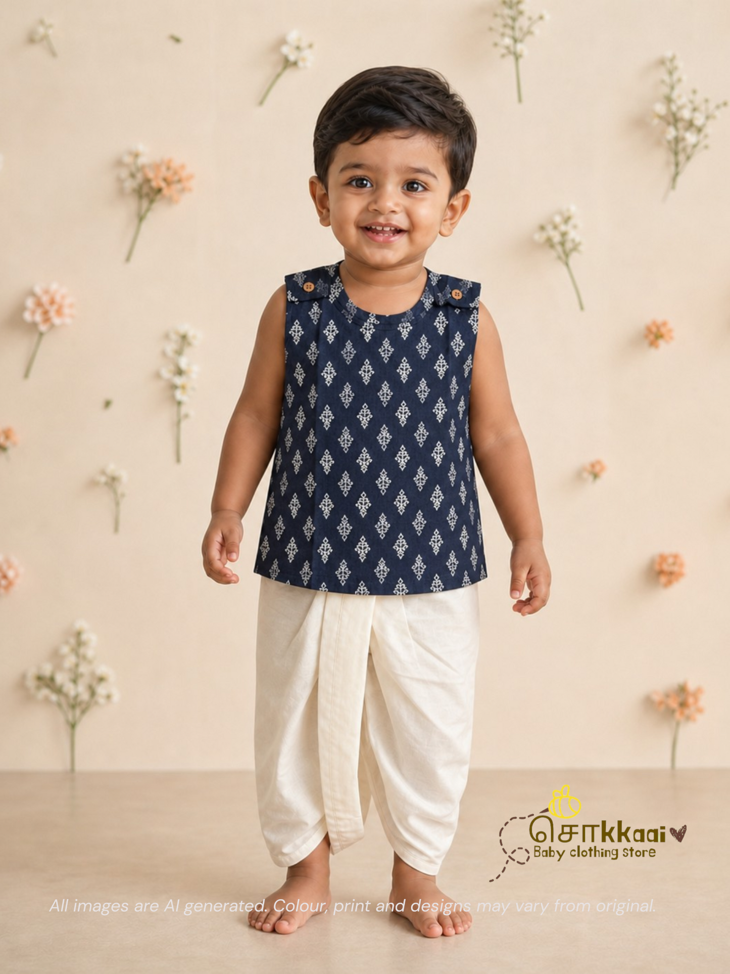 Navy Blue Butta Cotton Kids Dhoti Set (NB-4yrs) - Sokkaai