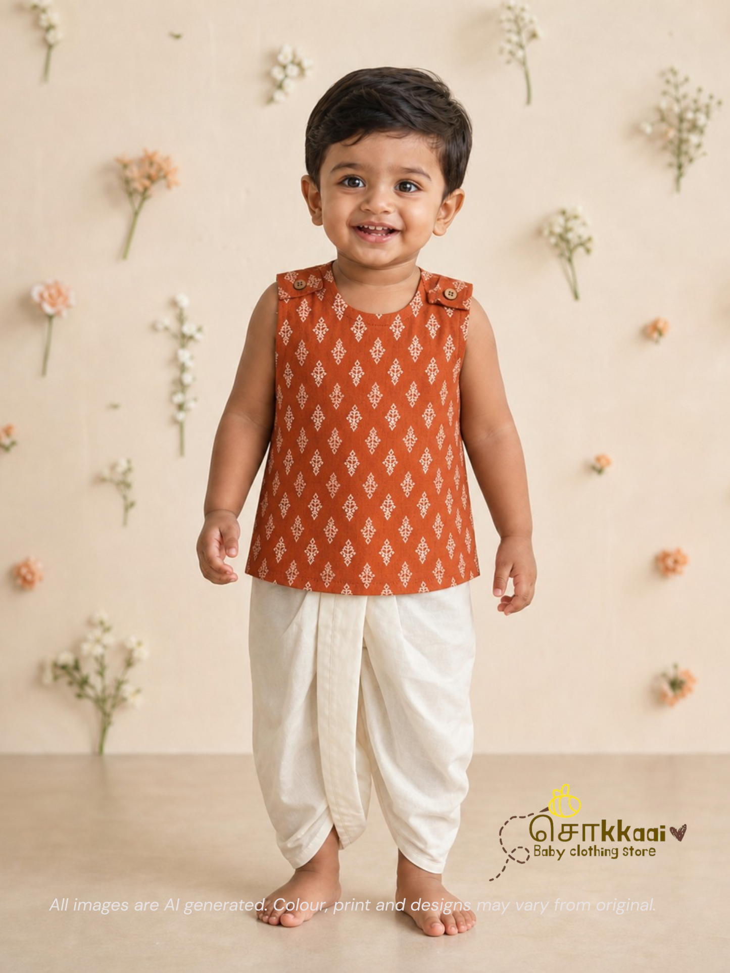 Rustic Orange Butta Cotton Kids Dhoti Set (NB-4yrs) - Sokkaai
