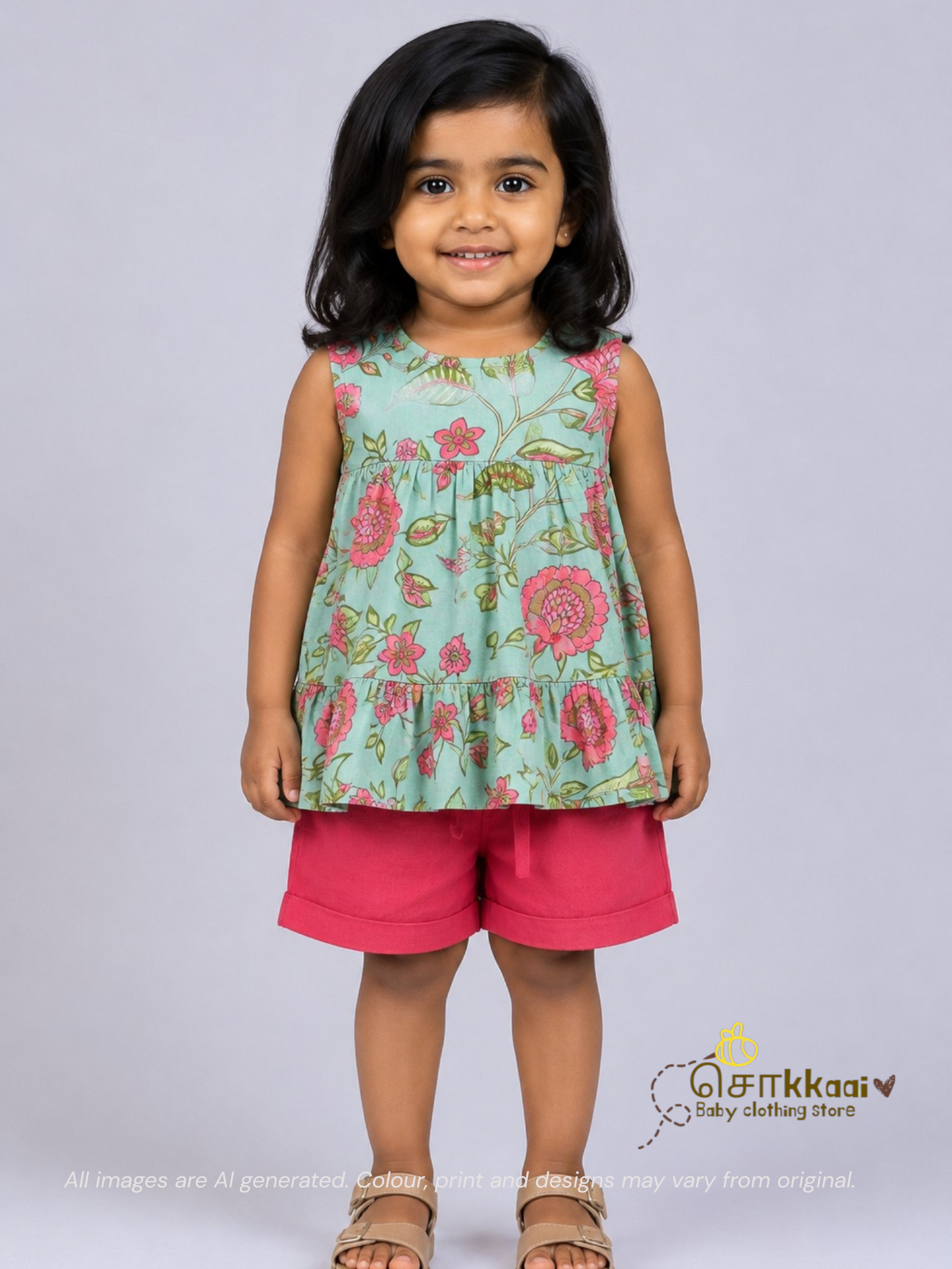 Mint Bloom Floral Top & Berry Pink Shorts set (1-6years) - Sokkaai