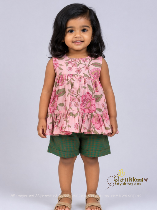 Blush Pink Floral Top & Forest Check Cotton Shorts Set (1-6years) - Sokkaai