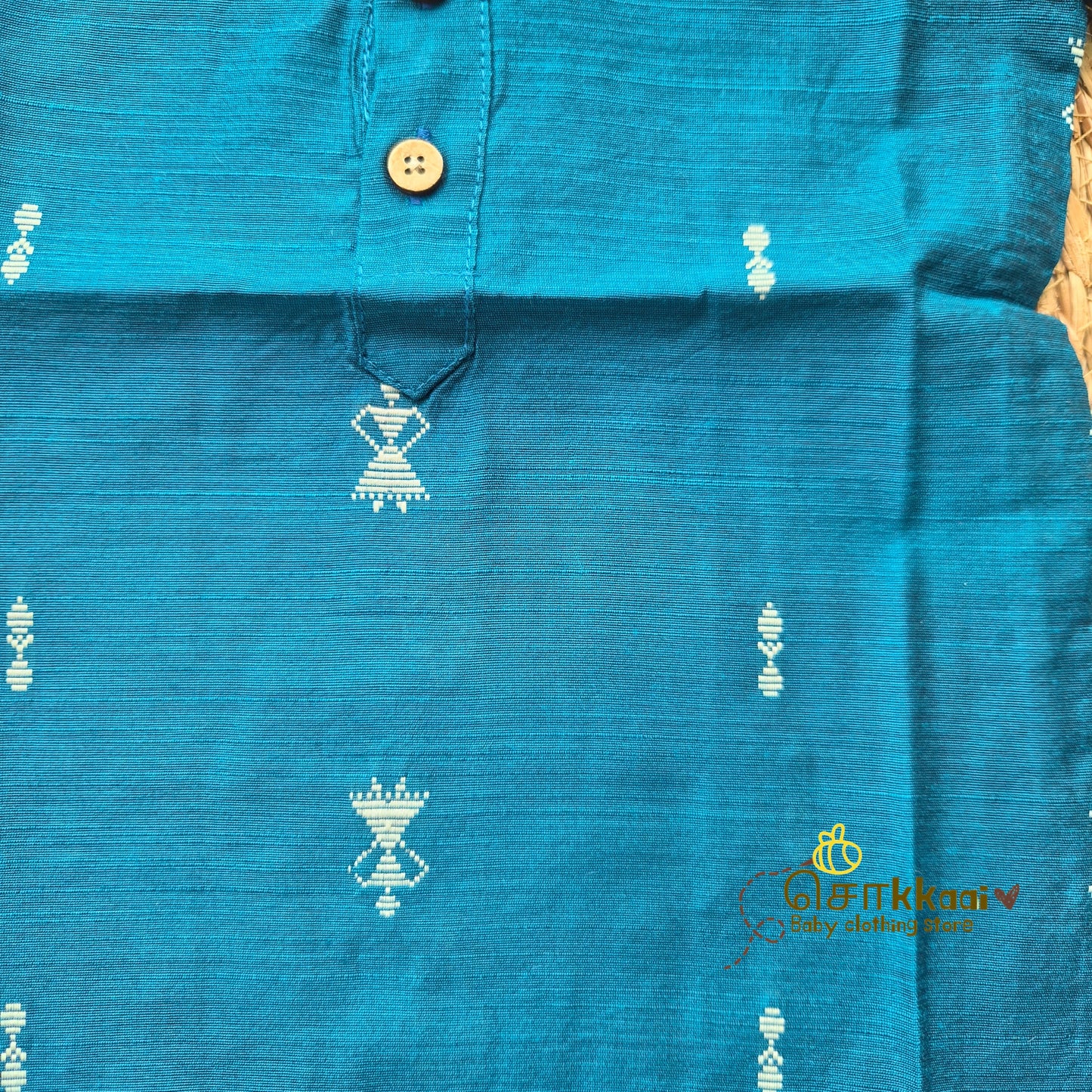 Peacock blue raw silk elbow sleeve kurta - (0-5years) Sokkaai