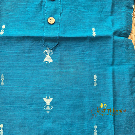Peacock blue raw silk elbow sleeve kurta - (0-5years) Sokkaai