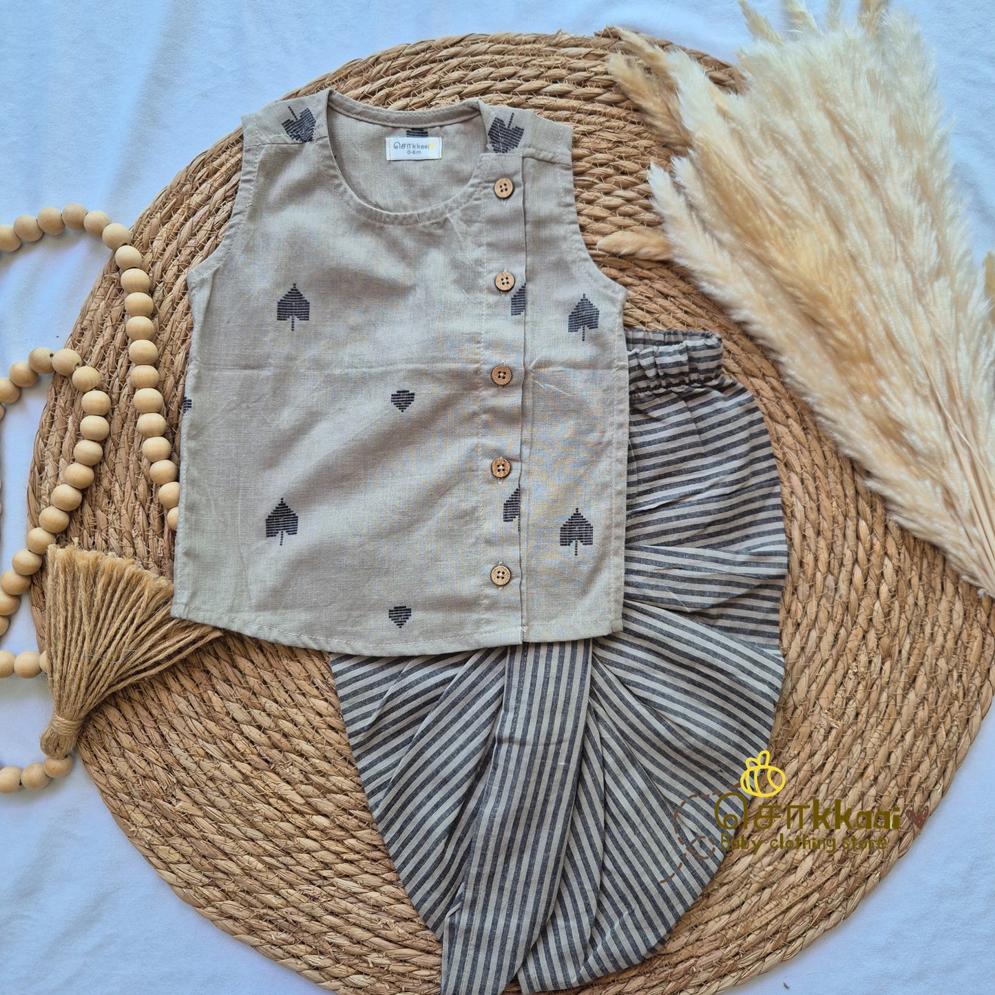 Black grey spade cotton kids dhoti set (0-5yrs) - Sokkaai