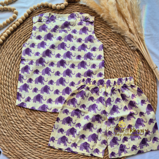 Purple elephant cotton Coord Set (0-3years) - Unisex