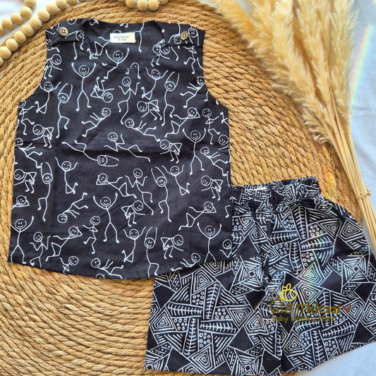 Black Stick man cotton Coord Set (0-3years) - Unisex